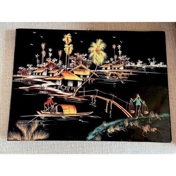 Vintage Asian Vietnamese Wood Black Lacquer Art Painting Village Scene